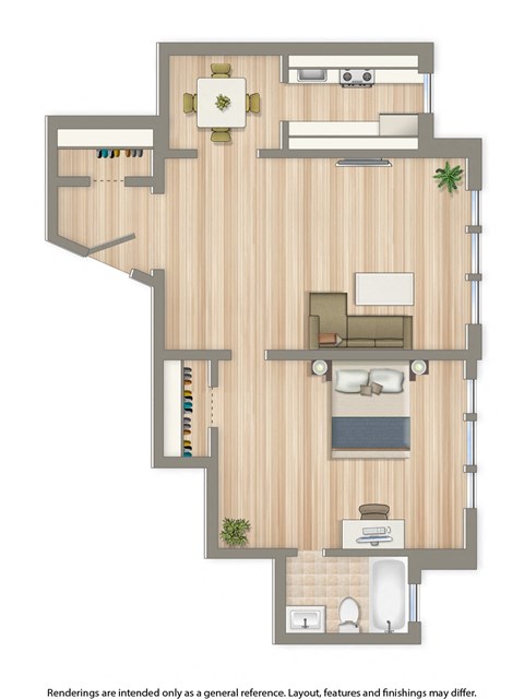 Floor plan for 1 bed, 1 bath, 597 sqft